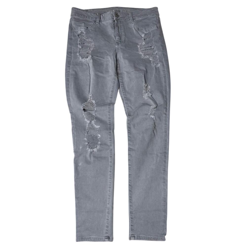 American Eagle Jeans Super Stretch Gray Embroidered Distressed Jeggings Size 12